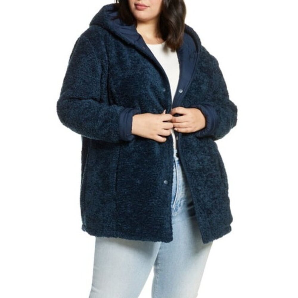 Halogen Reversible Blue Coat Jacket Faux Fur Quilted Women SZ 3X New $179